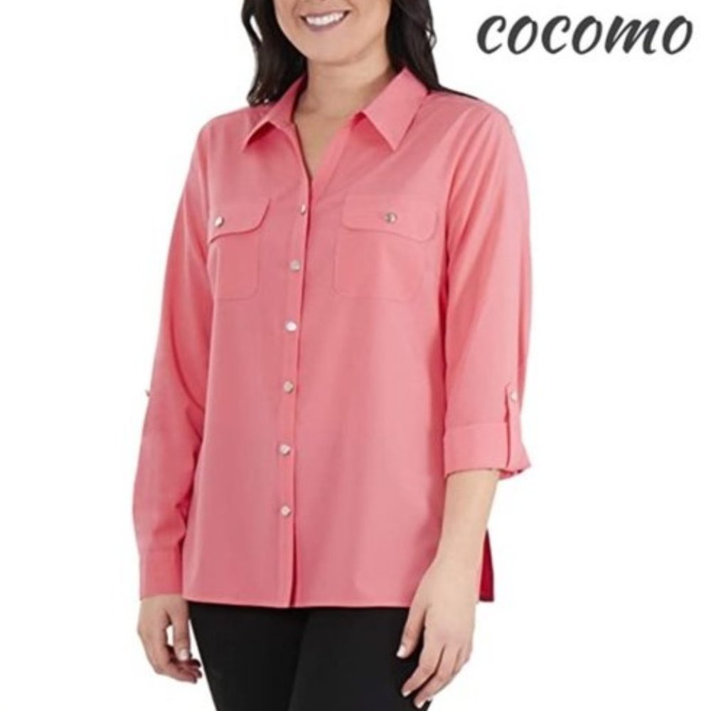 COCOMO Women Quarter Roll Tab Sleeve Button Down Semi Sheer Coral Blouse XL